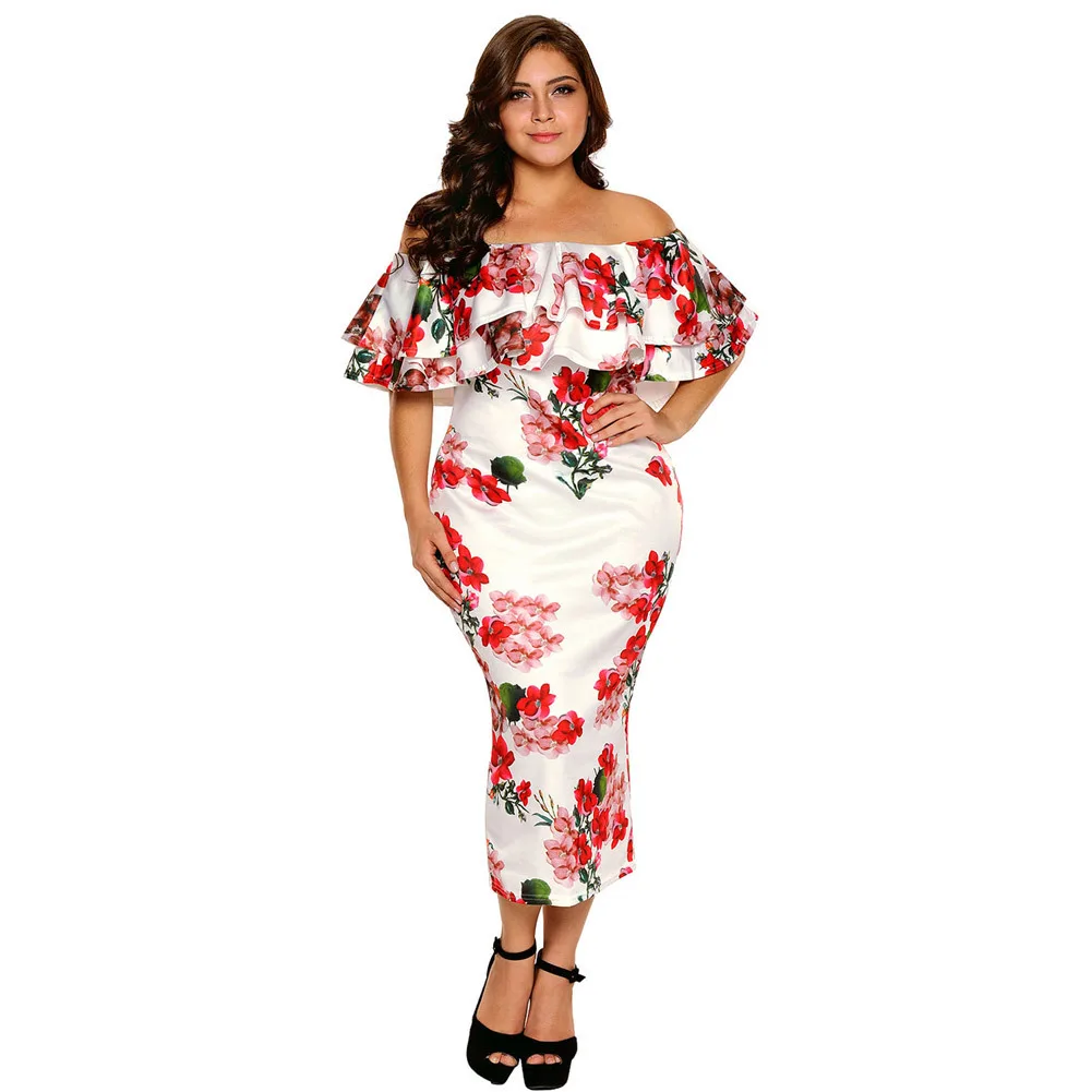 

Shi ying Europe And America Station Floral Print Sexy off-the-Shoulder Wrinkle Flounced Slim Fit Plus-sized Dress 61611