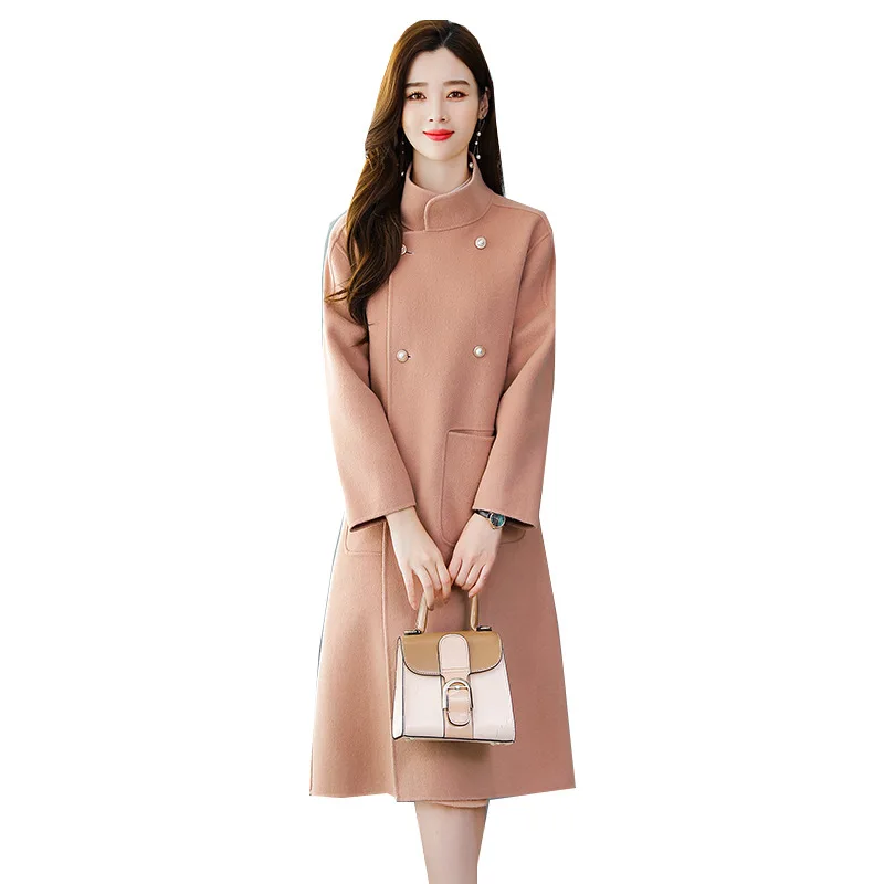 

Autumn And Winter 2019 Popular New Style Stand Collar Retro Double Breasted Woolen Coat Women's Korean-style Mid-length Woolen J
