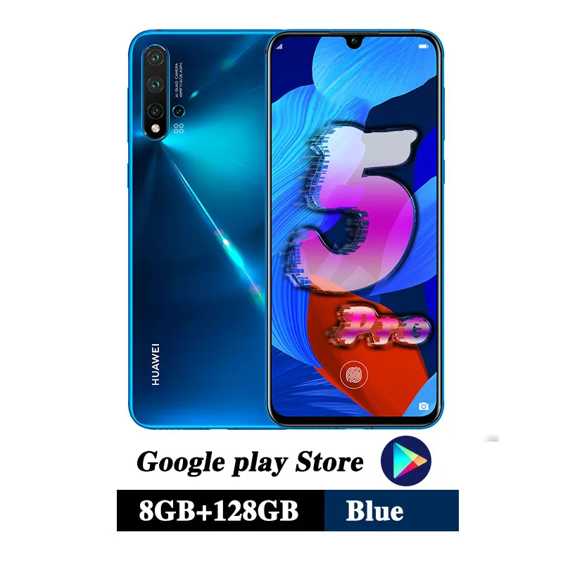 Мобильный телефон HuaWei Nova 5 Pro, 8 ГБ, 128 ГБ, четыре ядра, 6,39 дюймов, OLED экран, сканер отпечатков пальцев, Android 9,0, 40 Вт, SuperCharge, NFC - Цвет: 8G 128G Blue