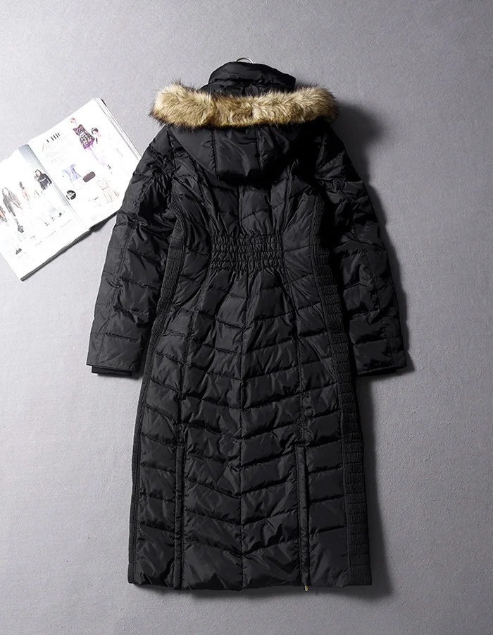 

Cib10 Light Luxury Fur Collar Decoration Waist Hugging Long Splittable Hooded 90 Cloth down Jacket Coat Autumn And Winter WOMEN'