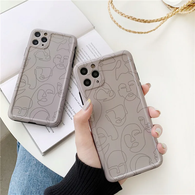 초록 라인 아트 페인팅 iphone 11 Pro Max 7 8 plus X XR XS Max SE 2 12 미니 백 커버 레트로 패턴 소프트 케이스