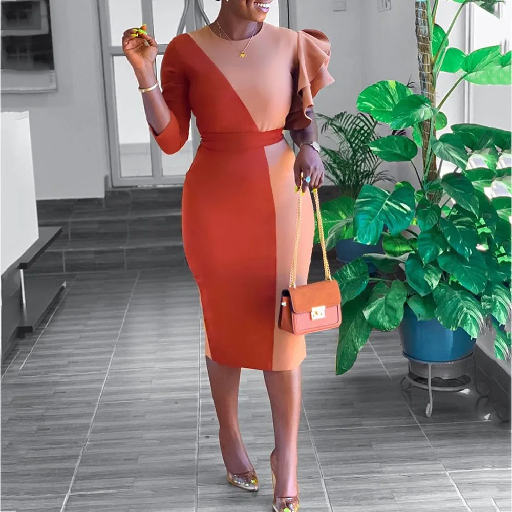 

Orange Color Block Ruffles Women Dress Elegant African Ladies Dinner Party Dresses 2019 Patchwork Office Dress Female Vestiods