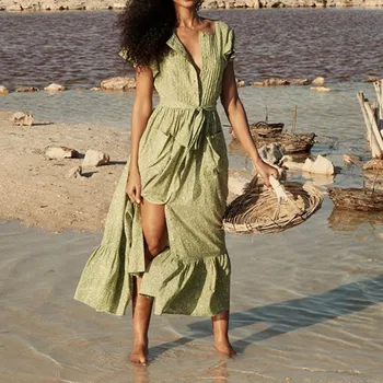 

Floral Print Green Women Maxi Dress Square Collar Ruffles Short Sleeve Lady Beach Single-breasted Split Long Dresses With Sashes