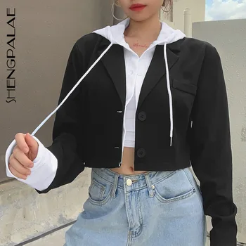 

SHENGPALAE Autumn 2020 New Forged Two-piece Suit Jacket Patchwork Hooded Feature Short Casual Women's Blazer ZT915