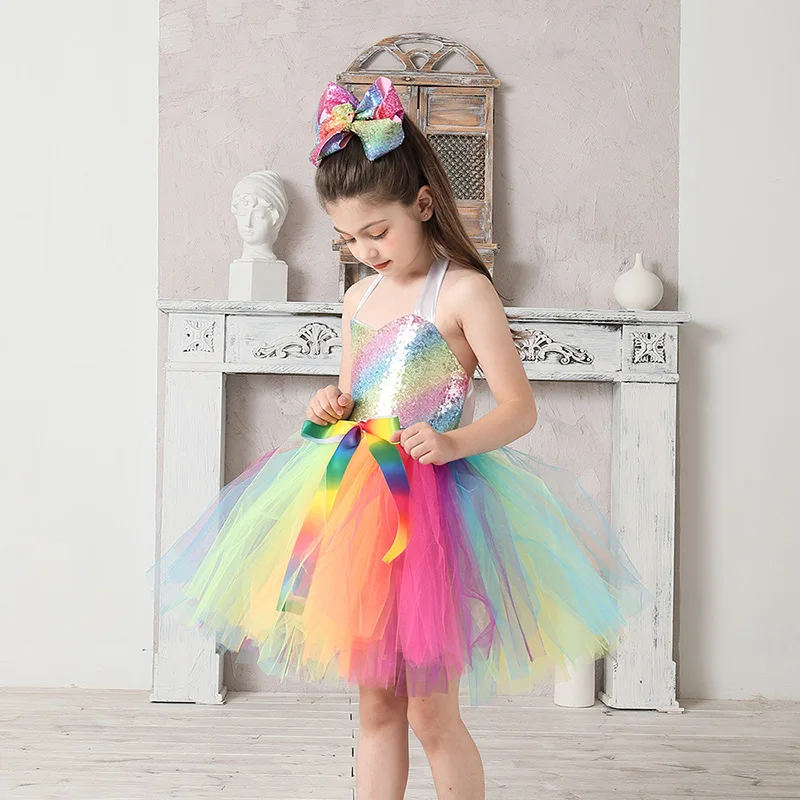 Rainbow Sequins Girl Princess Tutu Dress Kids Wedding Birthday Party Pageant Tulle Dresses Vestidos Children Bow Clothing (5)