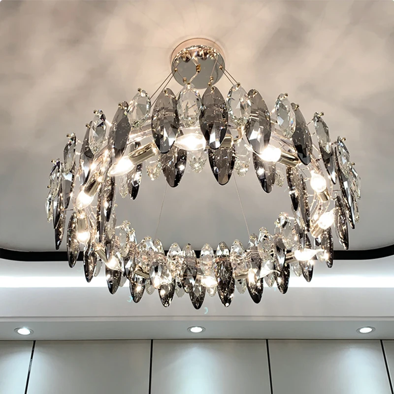 FSS Modern Black Round Clear Crystal Chandelier Light Luxury LED Lamp For Living Dining Room Home Indoor Fixtures | Лампы и освещение