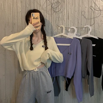 

Design Lace-up V-neck Long-Sleeve Knitwear Women's 2020 Autumn New Net Red Loose Slim Short Top Fashion