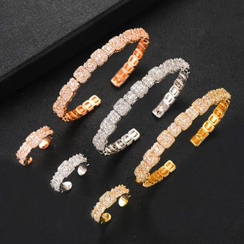 

SisCathy 2PCS Romantic Full Micro Cubic Zircon Pave Bangle Ring Set For Women Elegant Bridal Wedding Party Jewelry Sets 2019