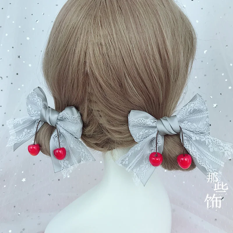 1PC Light Gray Японские сладкие вишневые кружева ручной работы двойные волосы конского хвоста клип волосы "Лолита" Группа Лолита аксессуары головной убор ручной работы Косплей - Цвет: 1PC Light Gray