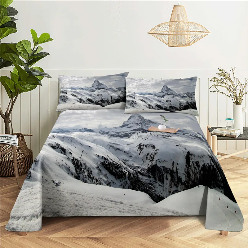 Beautiful Snow Scene 0.9/1.2/1.5/1.8/2.0m Digital Printing Polyester Bed Flat Sheet With Pillowcase Print Bedding Set | Дом и сад