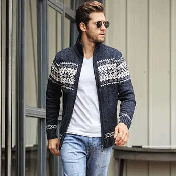 

Stylish Men's Jacquard Sweater Coat British Style Tide Knitted Cardigan Turtleneck Full Zip Casual Wild Warm Winter Wool Sweater