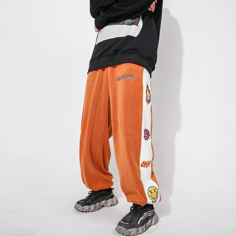 2021 Preppy Style Smiley Embroidery Polar Fleece Orange Men Casual Oversize Pants Kpop