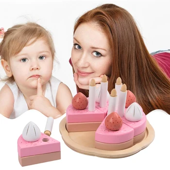 

Wooden Kitchen Cooking Toys for Children Play House Toys Kitchen Food Strawberry Birthday Cake Cut Fruit Pretend Toys