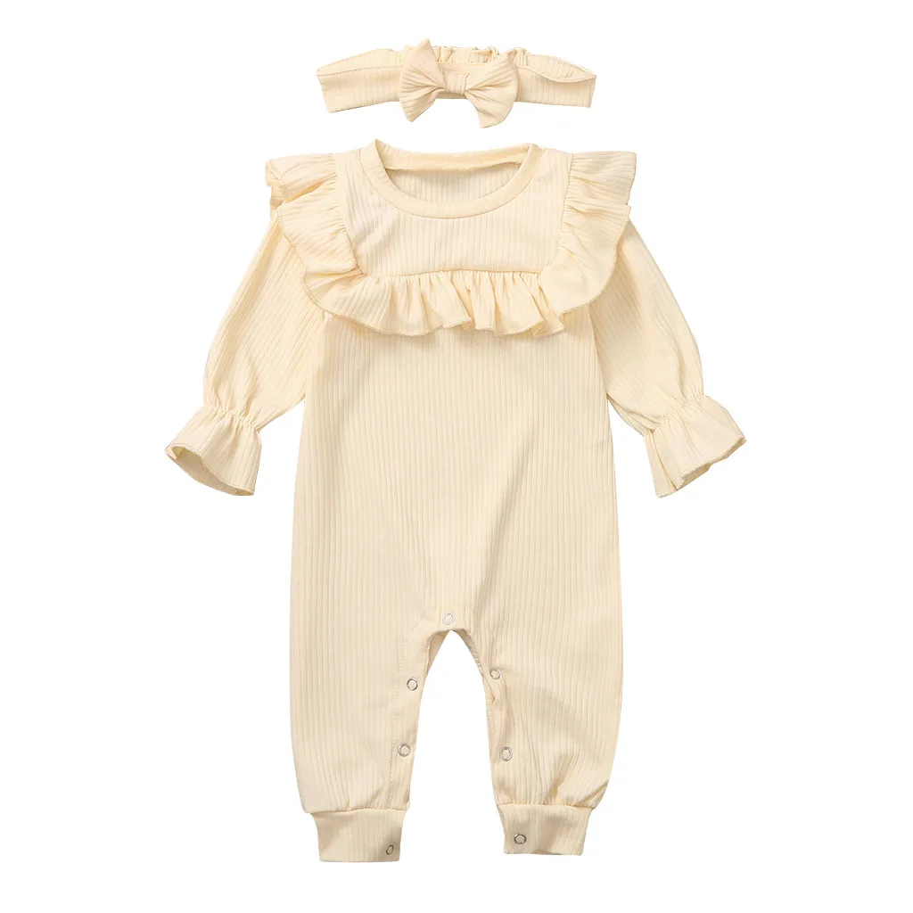 Комплект осенней одежды из 2 предметов для новорожденных и маленьких мальчиков и девочек, трикотажный комбинезон, костюмы с длинными рукавами и оборками, 3 цвета, на возраст от 0 до 24 месяцев - Цвет: Бежевый