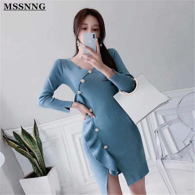 MSSNNG Button Knitting Sheath Bodycon Dress Women 2019 Autumn Winter Bottoming Dresses Slim Stretch Elastic Short Vestidos | Женская