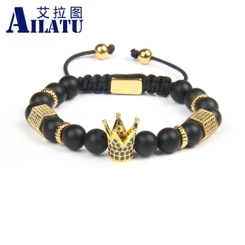 

Ailatu Luxury Gold King Crown Charm Bracelet Men Stone Bead Braiding Pulseira Masculina Jewelry Stainless Steel Logo Rope Chain