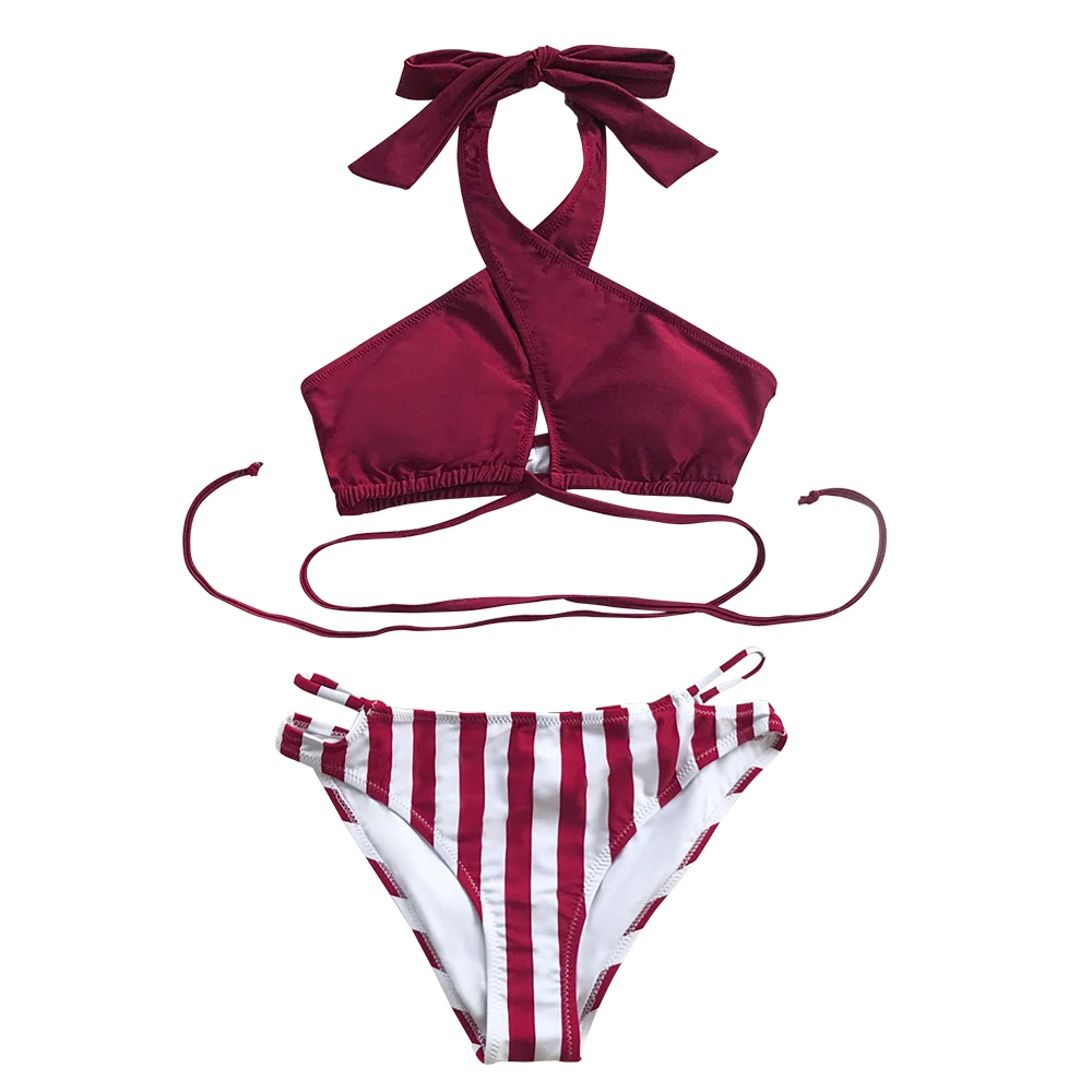 CUPSHE Cross Wrap Solid and Stripe Halter Bikini Sets Sexy Lace Up Swimsuit Two Pieces Swimwear Women Beach Bathing Suits