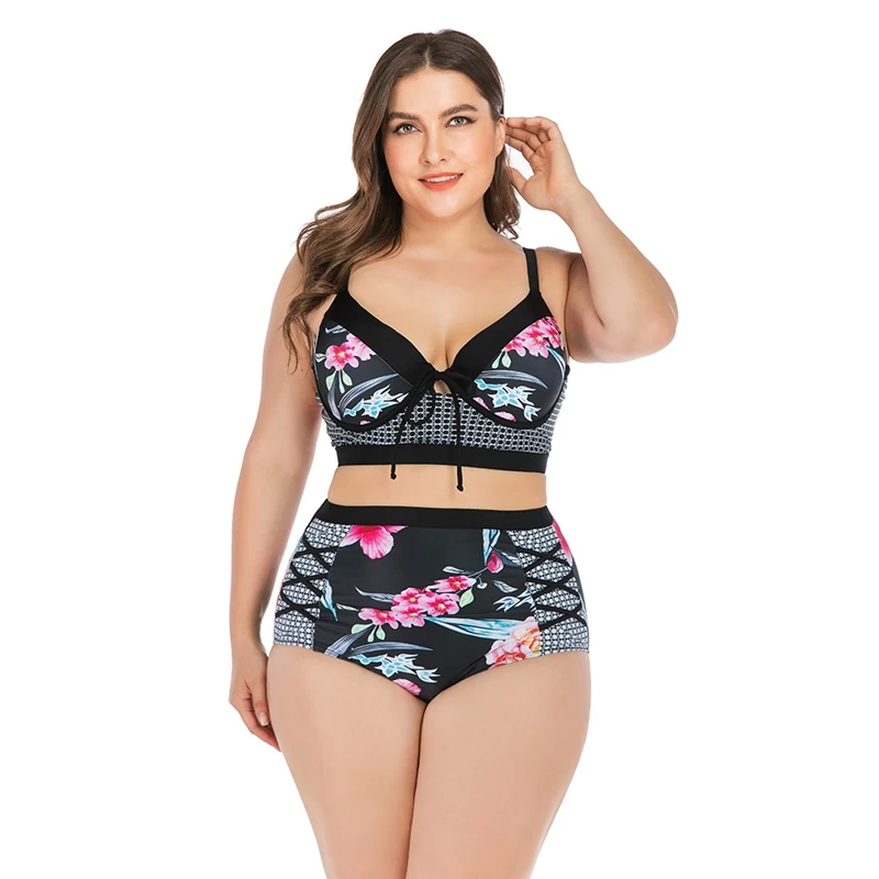 

High Waist Swimwear Bikini Top Bottom Lady Plus Size Swimsuit Women Tankini Floral Patchwork Strappy Lace-up Beach Swimming Suit