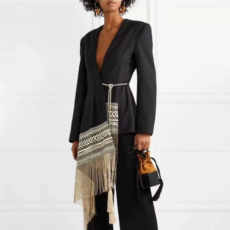 TWOTWINSTYLE Loose Fit Spliced Contrast Color Tassel Belt Jacket New V-neck Long Sleeve Women Coat Fashion Autumn Winter