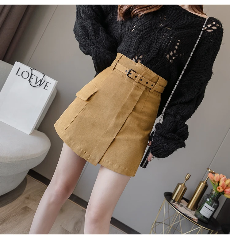 Trytree Autumn Women Casual Empire Short Skirt 5 Colour A-line Fashion Elegant Pockets Button Belt Mini Office Lady Short Skirt