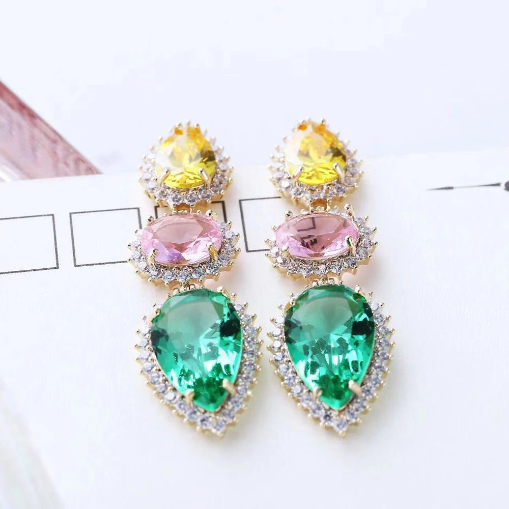 HIBRIDE Water Shape Colorful AAA Cubic Zirconia Stone Round Drop Earrings for Women Luxury CZ Party Event Jewelry E-520