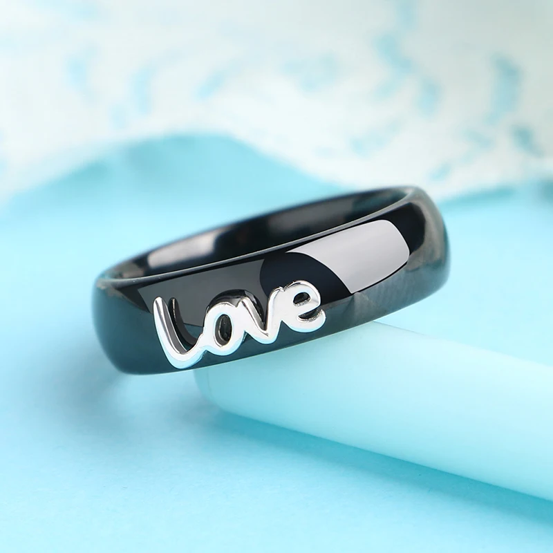 Новое 925 пробы керамическое кольцо с надписью Love, классическое черно-белое кольцо, ширина 6 мм, для женщин, элегантное модное ювелирное изделие, подарки