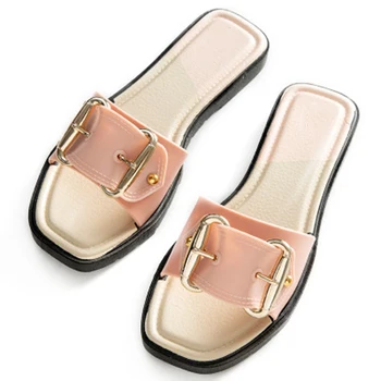 

Women Square Toe Slippers Ladies Comfortable Buckle Flats Female Metal Shoes Women's Fashion 2020 Casual Footwear New Plus Size