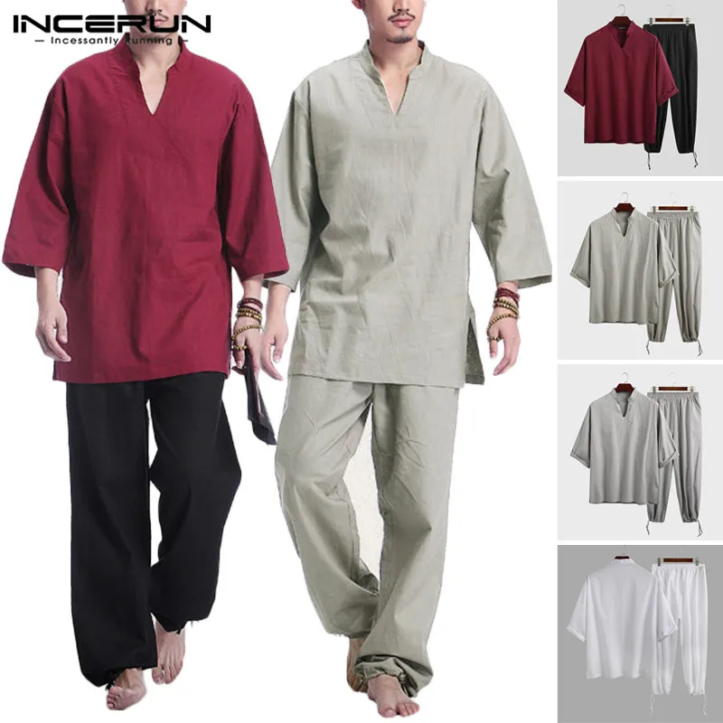 Men Suits Men-Sets Ethnic INCERUN Chinese-Style Pants Casual 2pieces V-Neck Cotton Tops