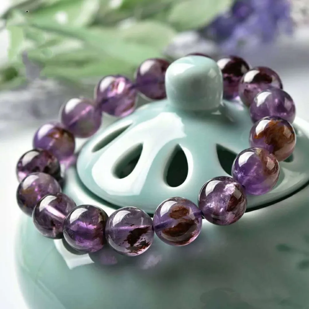 

Genuine Natural Cacoxenite Quartz Crystal Purple Phantom 11mm Round Beads Gemstone Women Stretch Bracelet Reiki Stone AAAAA
