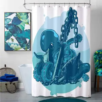 

Shower Curtains Set Vintage Octopus,Monster Kraken Octopus with Tentacles Anchor in Ocean Retro Style Art Illustration,Blue