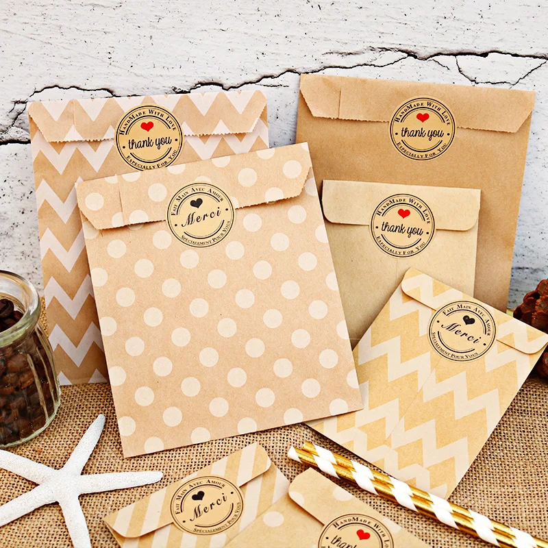 

100pcs Kraft Paper Bag Dots Stripe Chevron Paper Bag Candy Favor Wedding Gift Packing Bag with Thank You Sticker Party Supplies