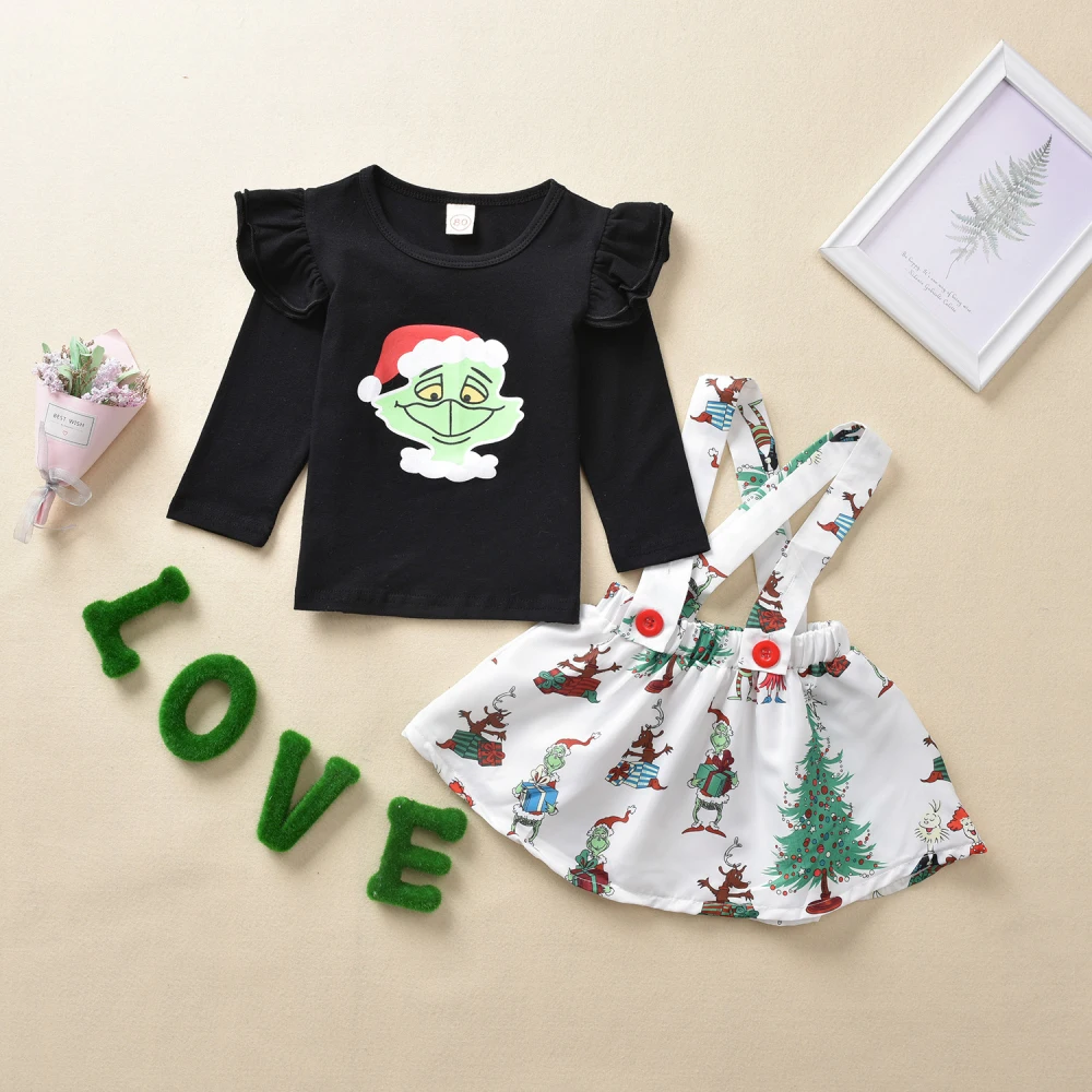 Christmas Suit Toddler Kids Baby Girl White Suspender Skirt+Black Cartoon Long Sleeve Frog Print T-Shirts Clothes 2 Piece Set