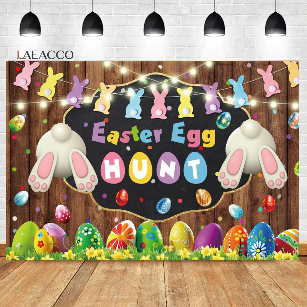 Laeacco Easter Photography Backgrounds Wooden Board Wall Green Grass Flowers Easter Eggs Children Portrait Photo Backdrops Props photo backdrop