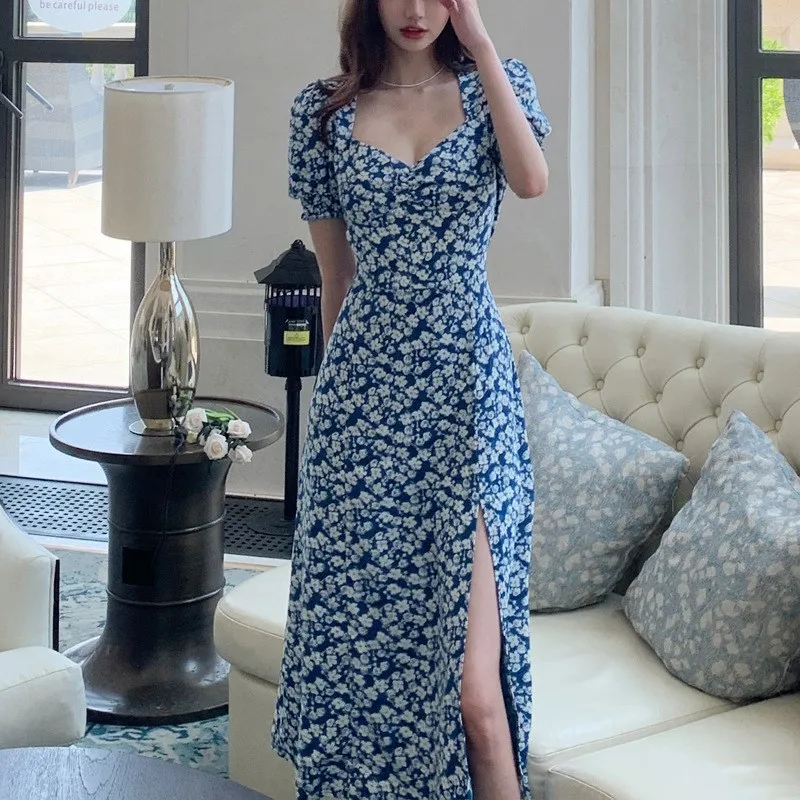 

Women Floral Chiffon Summer Dress Party Elegant French Vintage Retro Office Lady Long Midi Side Split Sexy Spring Short 2021 New