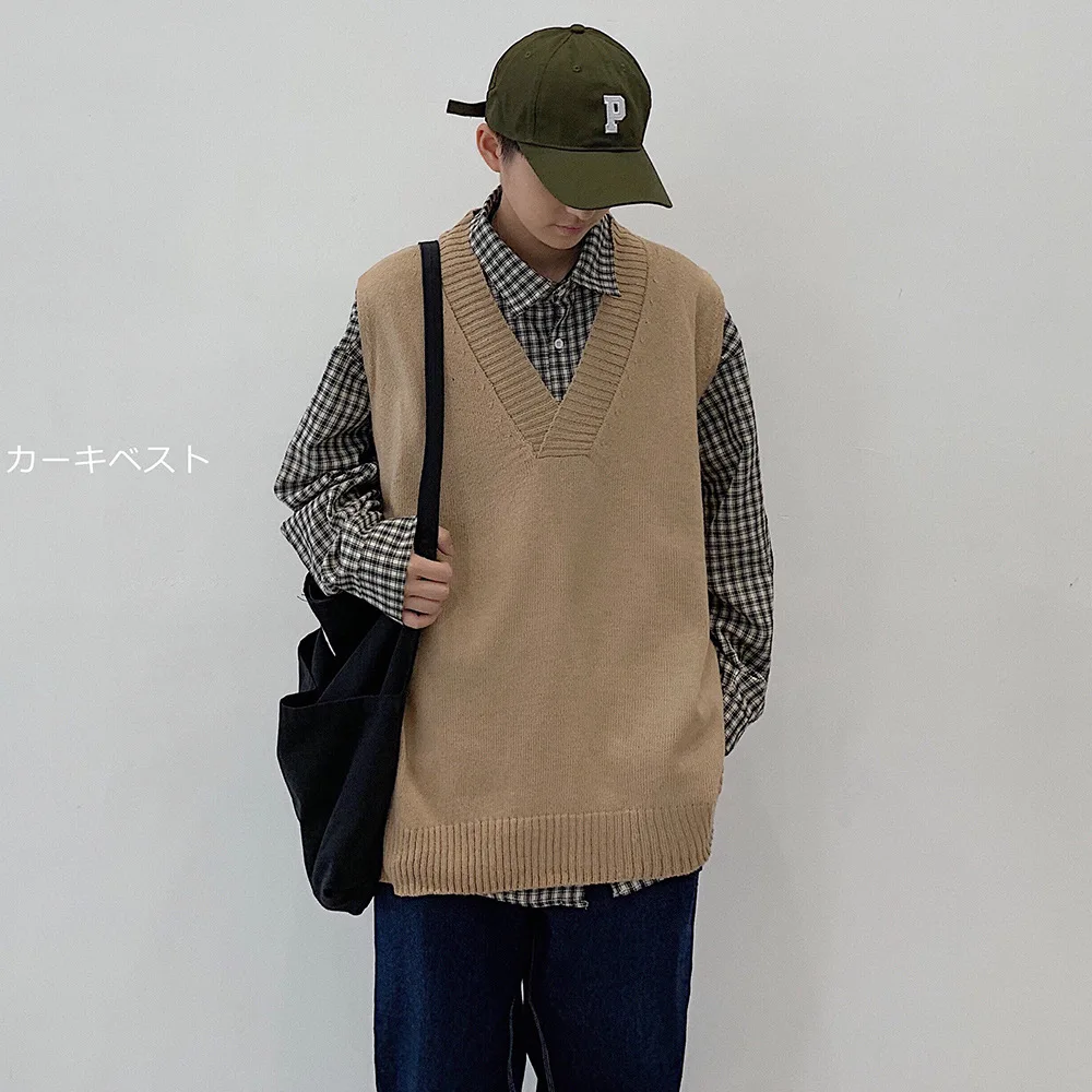 

New Style Autumn V-neck Solid Color Sweater Sleeveless Sweater Men Korean-style INS Trend Students Handsome Waistcoat Vest