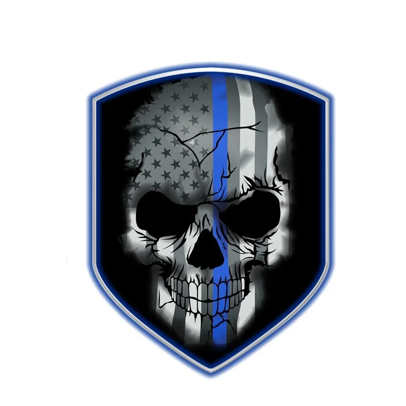 Creative 10.2CM*13CM Personality Reflective Decal Blue Line Skull Shield Decal Skull Car Sticker PVC Cover Scratches Waterproof