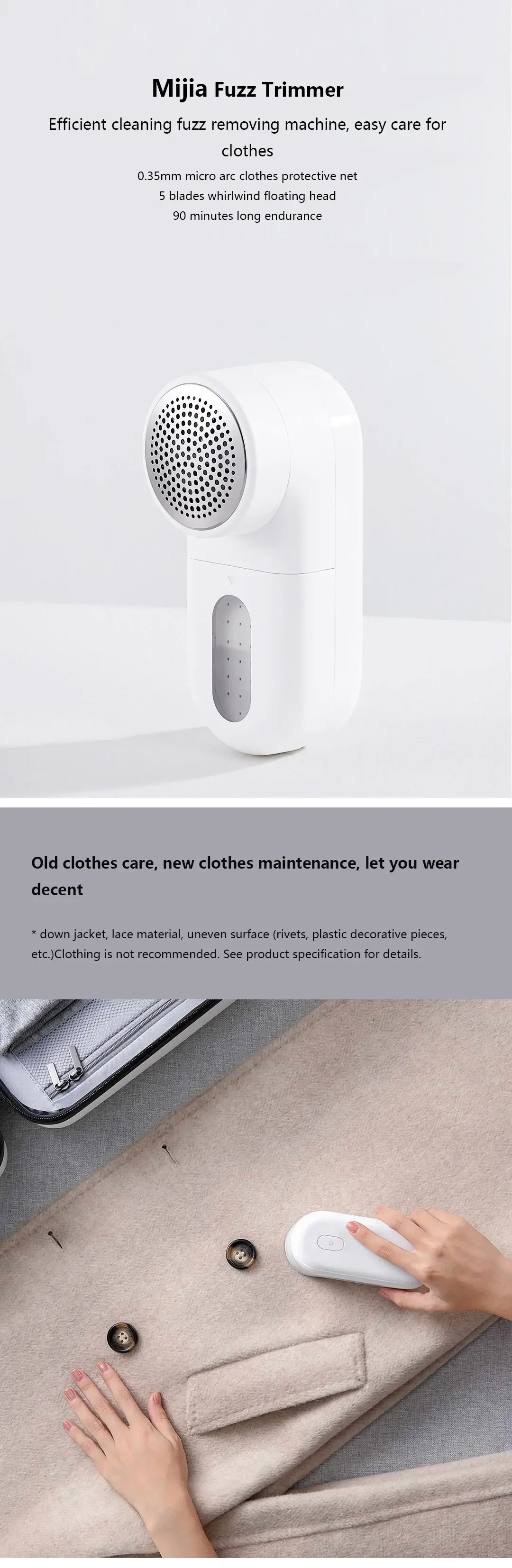 Xiaomi Mijia Mini USB Lint Remover 0.35mm Micro Arc Shaving Mesh Fuzz Trimmer 1300mAh Electric Clothes Sweater Fabric Shaver