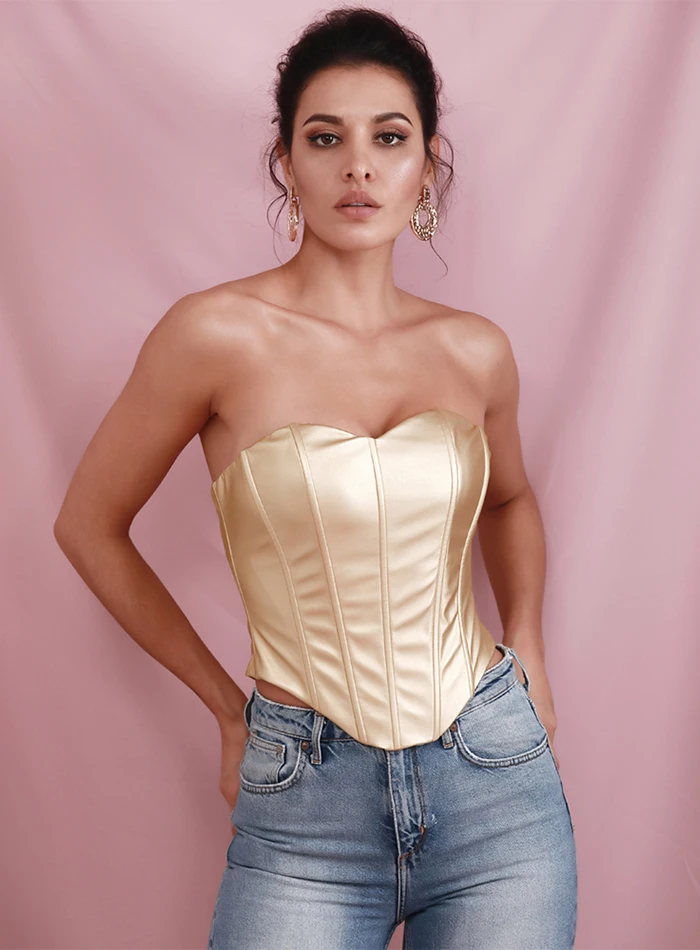 LOVE&LEMONADE сексуальный Золотой бандо поддерживает эластичный PU Bodycon Top LM81760-2