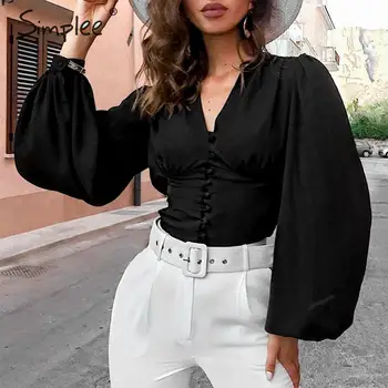 

Simplee Lantern sleeve office ladies blouses V neck buttons slim women blouse shirts Chic autumn winter female black tops blusas