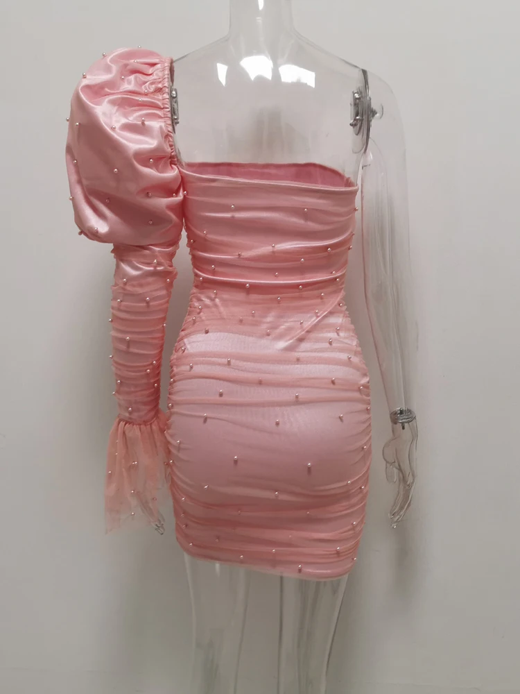 JillPeri, женское платье на одно плечо с пышными рукавами, сексуальное Сетчатое платье с вырезом лодочкой и жемчугом, стрейчевое платье-футляр, элегантные вечерние платья знаменитостей