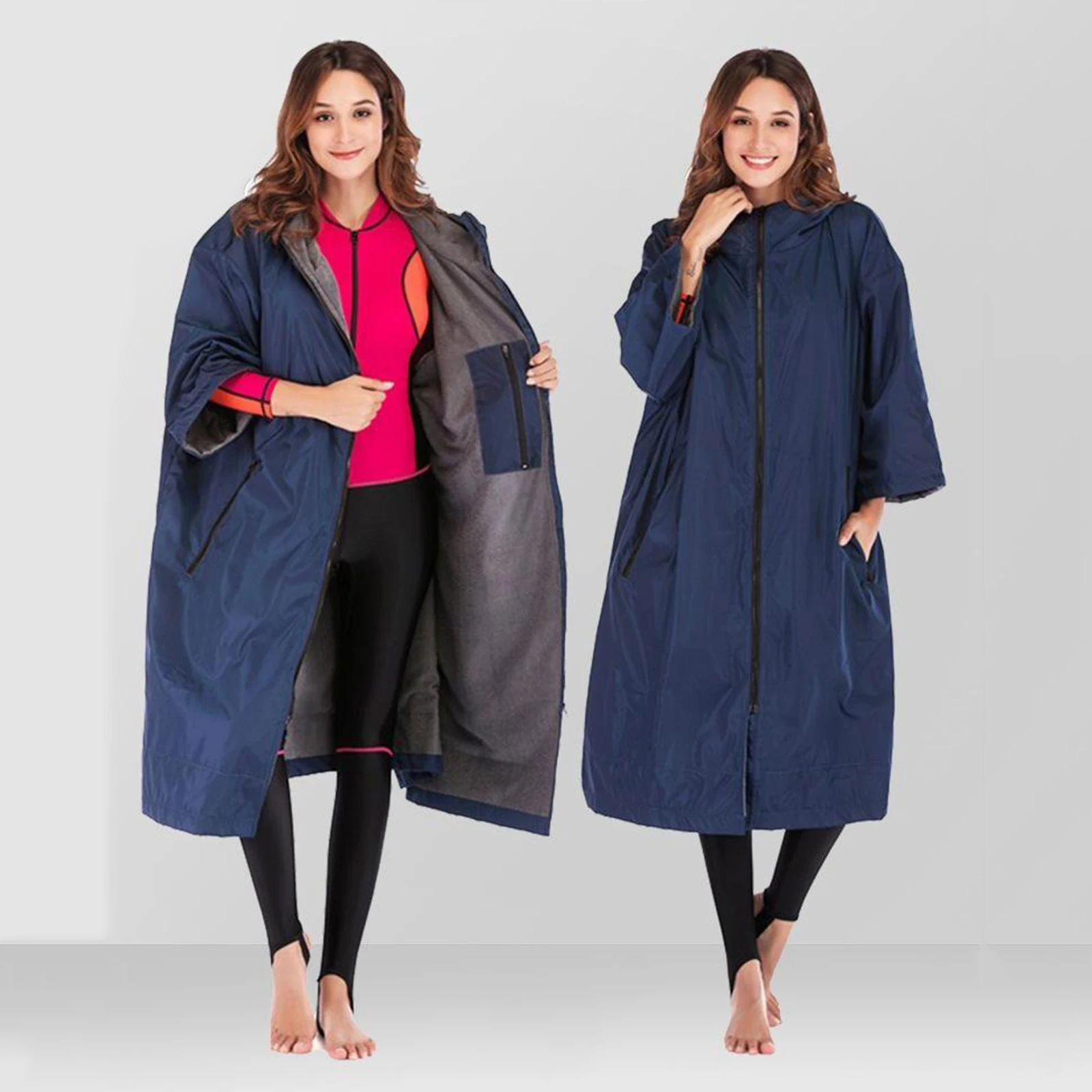 Adult Waterproof Changing Robe 3/4 Sleeve Beach Changing Robe Jacket Outdoor Windbreaker Cloak Fleece Lining Coat Poncho