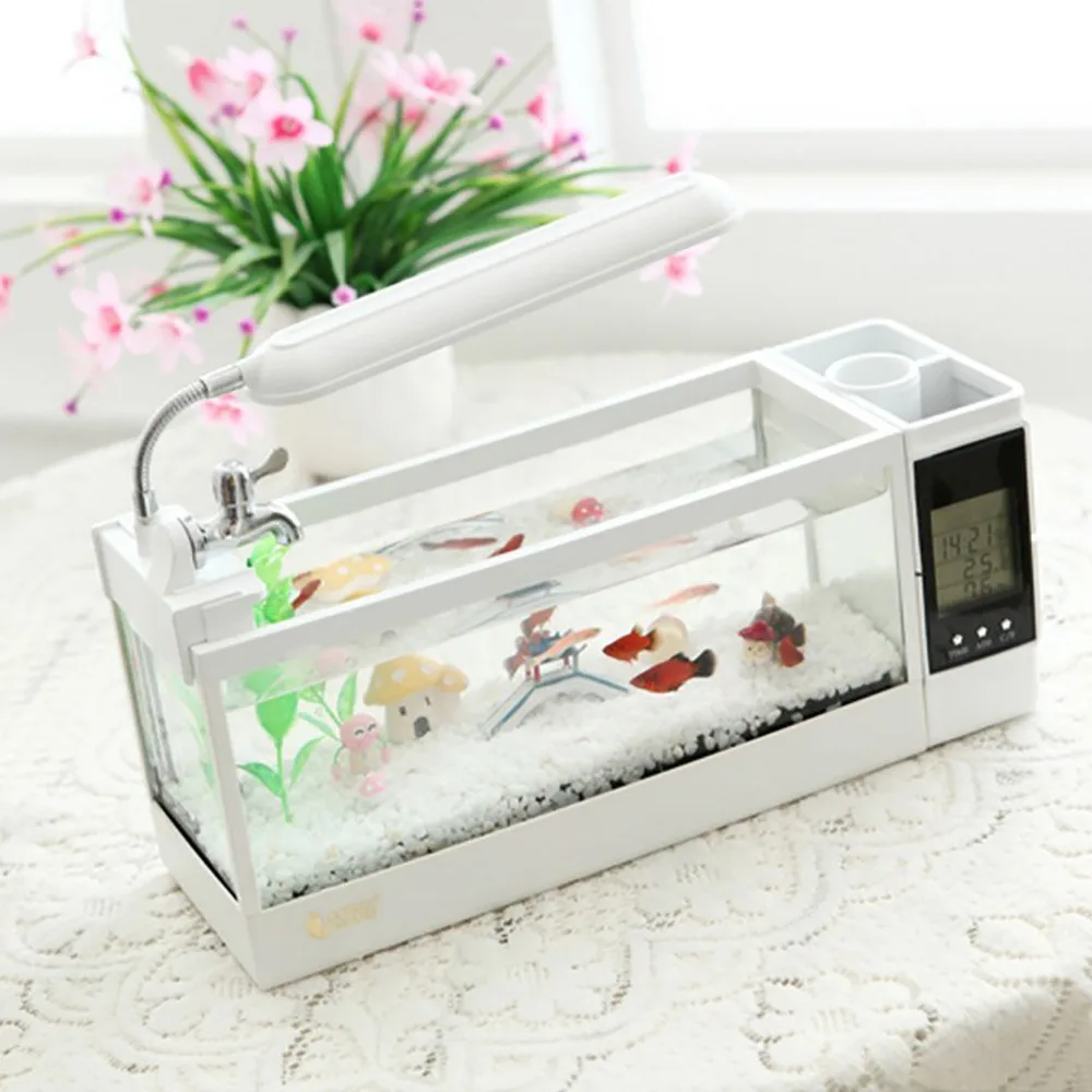 Mini Plastic Fish Tank Portable Desktop Aquaponic Aquarium Betta Fish Bowl with Water Filtration LED & Quiet Air Pump for