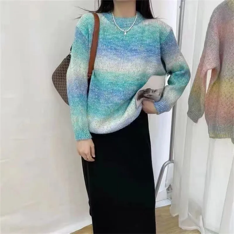 

Pullover Sweater New Design Stretched Gradient Color Salad Sweater Female Loose Lazy 2023 Round Neck Long-sleeved Sweater Tops