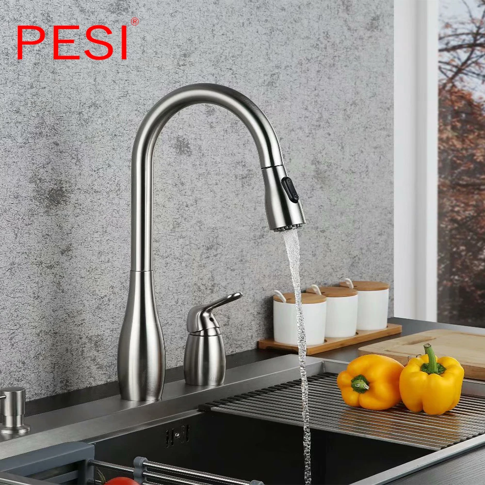 Brass Pull Out Kitchen Sink Faucet Deck Mounted Stream Sprayer Kitchen Mixer Tap Swivel 360 Degree Water Kitchen Hot Cold Tap.