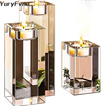 

YuryFvna Clear Square Glass Candle Holder Elegant Solid Wedding Crystal Candlestick Centerpiece Home Decoration Gift