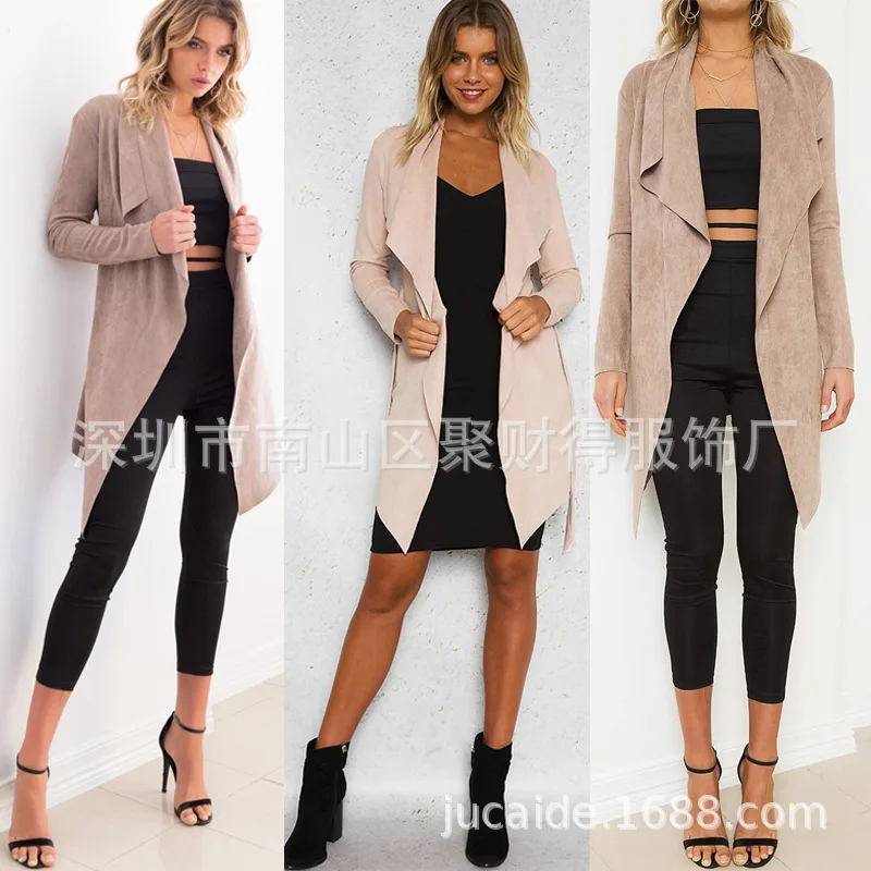 AliExpress, осенне-зимний стиль, отложной воротник, Повседневный, на шнуровке, средней длины, искусственная кожа, Флокированный Тренч