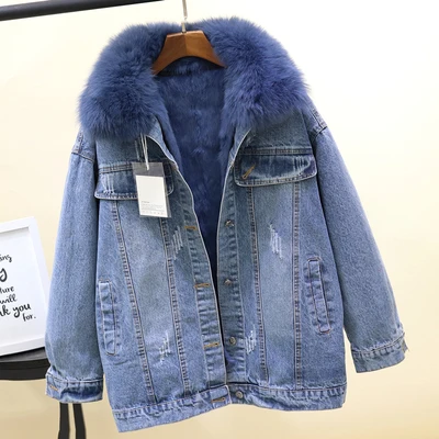 blue Новинка года; Сезон Зима; свободная модная куртка с отстегивающимся кроличьим мехом; короткая джинсовая хлопковая куртка с воротником из лисьего меха - Цвет: blue