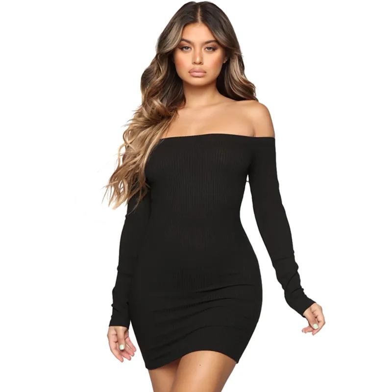 Sexy Slash neck Knitted Long Sleeve Autumn Dress Off Shoulder Slim Mini Club Party Night Dresses Vestidos Black White