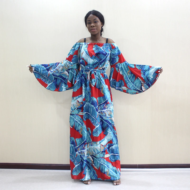 African Dashiki Fashion Design Green Palm Leaf Pattern Printed Off Shoulder Butterfly Sleeve Elegant Vacation Style Women Dress |