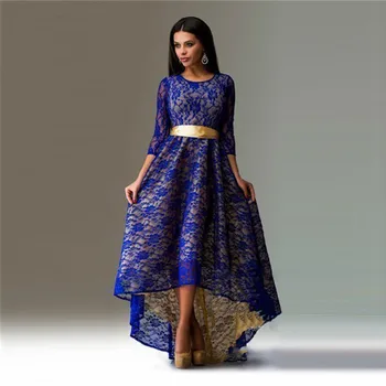 

Ladies Chic Lace Dress O-neck Patchwork Hollow-out Mid-calf Dress High Waist Three Quarter Sleeve Fashion Female Patry Dress